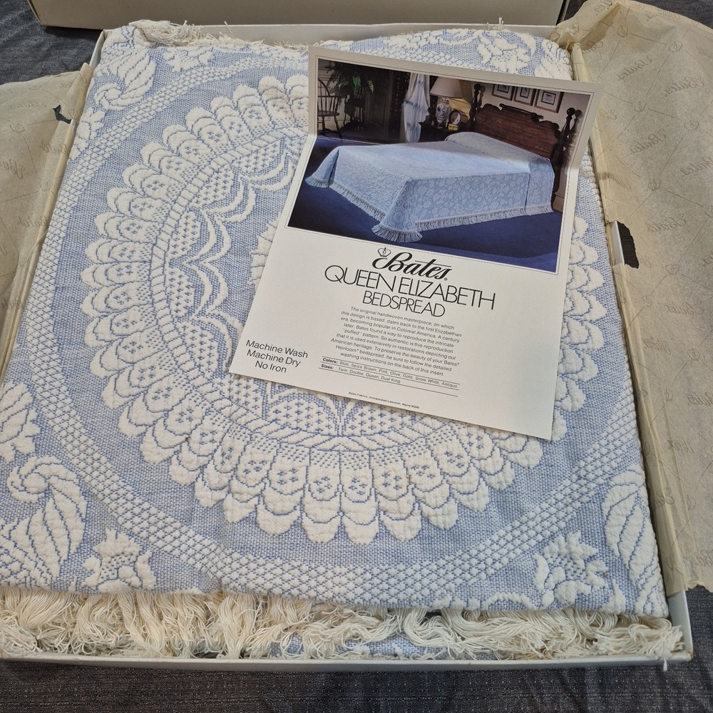 Vintage Double 98 X 112 Bates Queen Elizabeth Lt Blue Bedspread w Fringe In Box